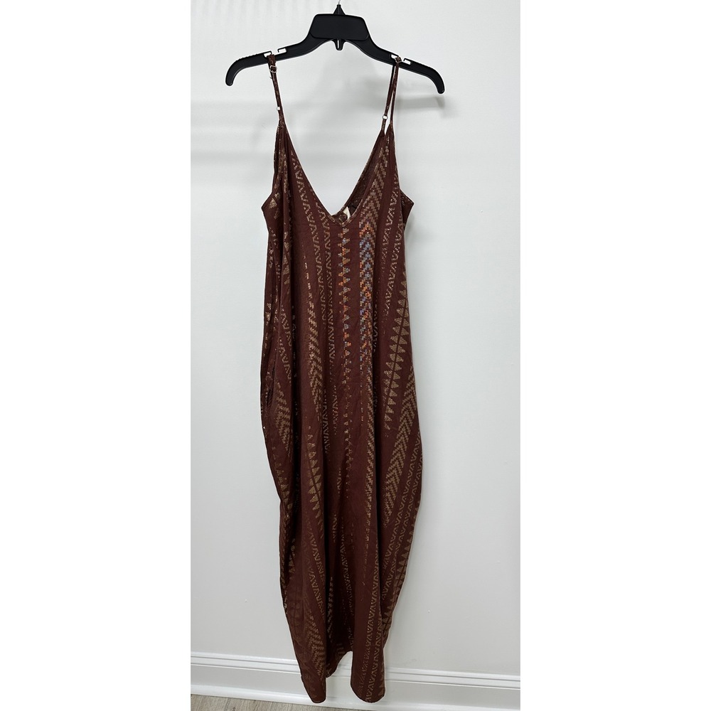 Elan Brown Gold Metallic Geometric Maxi Dress Sleeveless V-Neck Boho Medium